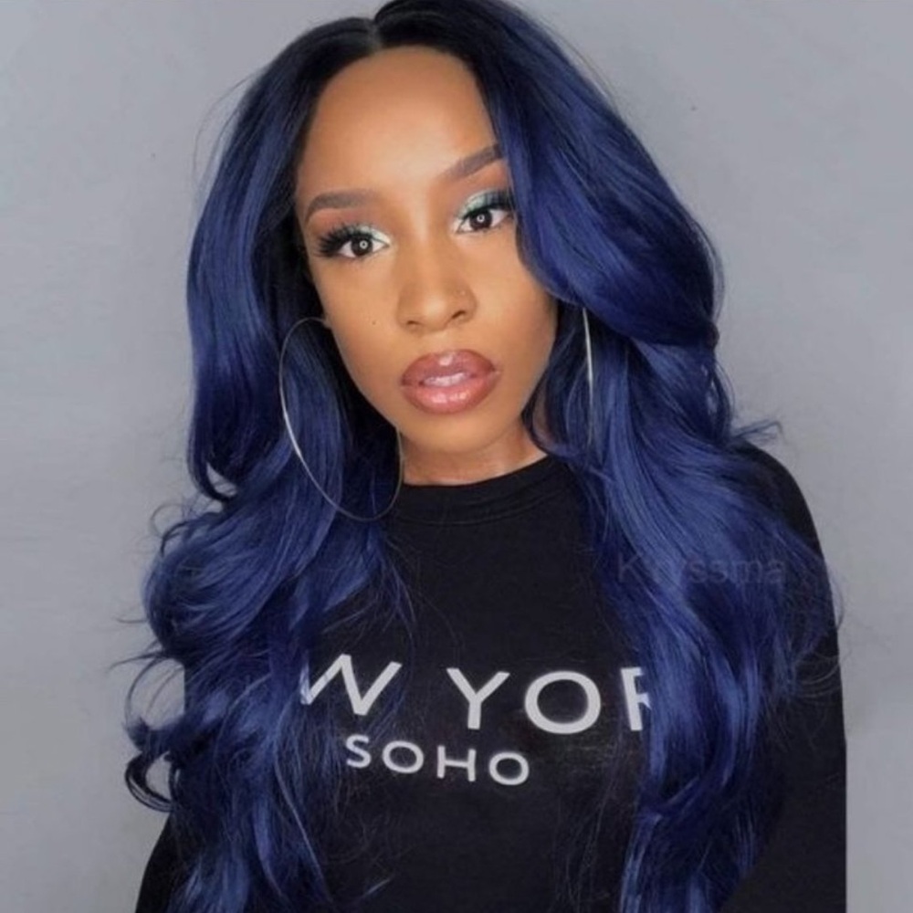 22” Blue Middle Part FULL CAP  Long Wavy Wig NEW